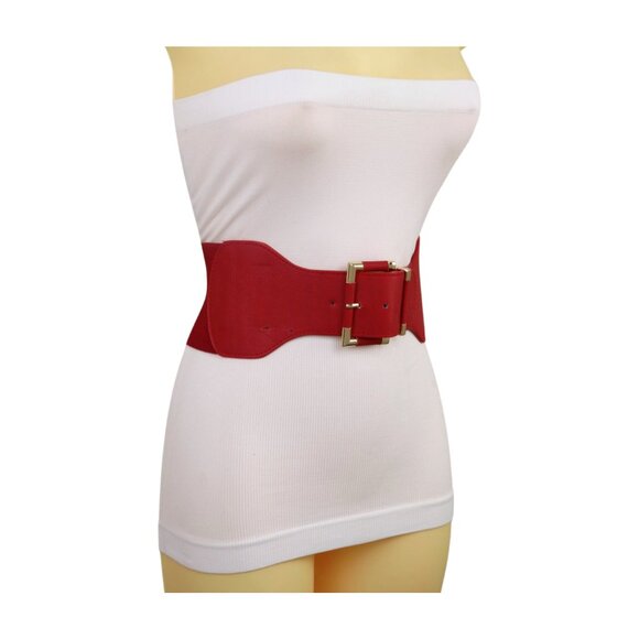 New Women Red Elastic Wide Fashion Belt Hip High Waist Gold Square Buckle S M - Picture 14 of 16